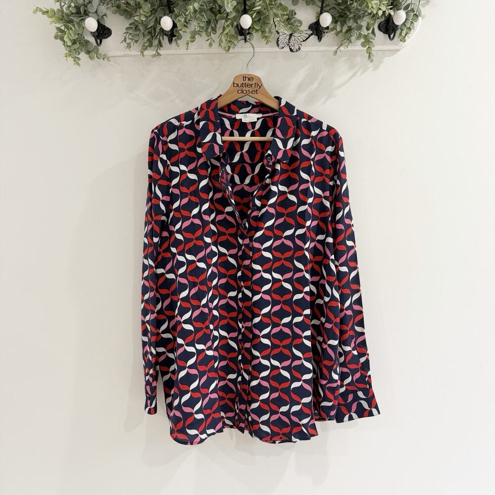 Boden Navy Red White Silk Button Down Geometric Blouse Size 16/18 KD